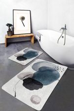 2'li Set Ekru Zeminde Modern Sanat Motifli Siyah Mavi Yağlıboya Desenli Bohem Klasik  2'li Banyo & Mutfak Paspas Takımı Realhomes