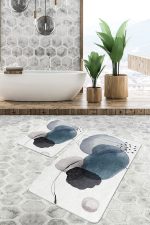 2'li Set Ekru Zeminde Modern Sanat Motifli Siyah Mavi Yağlıboya Desenli Bohem Klasik  2'li Banyo & Mutfak Paspas Takımı Realhomes