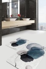 2'li Set Ekru Zeminde Modern Sanat Motifli Siyah Mavi Yağlıboya Desenli Bohem Klasik  2'li Banyo & Mutfak Paspas Takımı Realhomes
