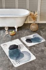 2'li Set Ekru Zeminde Modern Sanat Motifli Siyah Mavi Yağlıboya Desenli Bohem Klasik  2'li Banyo & Mutfak Paspas Takımı Realhomes