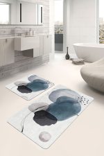 2'li Set Ekru Zeminde Modern Sanat Motifli Siyah Mavi Yağlıboya Desenli Bohem Klasik  2'li Banyo & Mutfak Paspas Takımı Realhomes