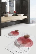 - PaspasTakimi-2li-Set1707-Gorsel-1 - Realhomes  2'li Set Kırmızı Zeminde Yağlıboya Motifli Kanvas Desenli Bohem Klasik  2'li Banyo & Mutfak Paspas Takımı Realhomes