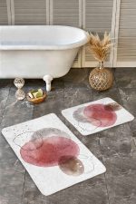 - Realhomes - Realhomes  2'li Set Kırmızı Zeminde Yağlıboya Motifli Kanvas Desenli Bohem Klasik  2'li Banyo & Mutfak Paspas Takımı Realhomes