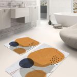 2'li Set Gri Zeminde Çizgili Motifli Geometrik Desenli Geometrik Klasik  2'li Banyo & Mutfak Paspas Takımı Realhomes