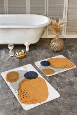 - Realhomes - Realhomes  2'li Set Turuncu Zeminde Suluboya Motifli Modern Sanat Desenli Bohem Sade & Şık  2'li Banyo & Mutfak Paspas Takımı Realhomes