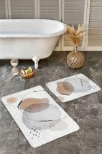 - Realhomes - Realhomes 2'li Set Gri - Bej Zeminde Kanvas Motifli Soyut Yağlıboya Desenli Bohem Klasik 2'li Banyo & Mutfak Paspas Takımı Realhomes