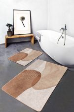 2'li Set Kahverengi - Krem Zeminde Geometrik Motifli Kanvas Desenli Bohem Modern  2'li Banyo & Mutfak Paspas Takımı Realhomes