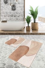 2'li Set Kahverengi - Krem Zeminde Geometrik Motifli Kanvas Desenli Bohem Modern  2'li Banyo & Mutfak Paspas Takımı Realhomes
