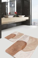 2'li Set Kahverengi - Krem Zeminde Geometrik Motifli Kanvas Desenli Bohem Modern  2'li Banyo & Mutfak Paspas Takımı Realhomes