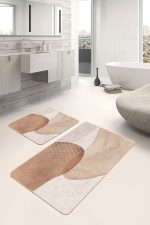 2'li Set Kahverengi - Krem Zeminde Geometrik Motifli Kanvas Desenli Bohem Modern  2'li Banyo & Mutfak Paspas Takımı Realhomes
