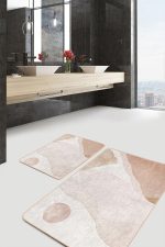 2'li Set Krem - Kahverengi Zeminde Modern Sanat Motifli Boyama Desenli Bohem Sade & Şık  2'li Banyo & Mutfak Paspas Takımı Realhomes