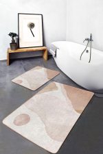 2'li Set Krem - Kahverengi Zeminde Modern Sanat Motifli Boyama Desenli Bohem Sade & Şık  2'li Banyo & Mutfak Paspas Takımı Realhomes