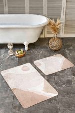 2'li Set Krem - Kahverengi Zeminde Modern Sanat Motifli Boyama Desenli Bohem Sade & Şık  2'li Banyo & Mutfak Paspas Takımı Realhomes