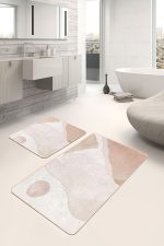 2'li Set Krem - Kahverengi Zeminde Modern Sanat Motifli Boyama Desenli Bohem Sade & Şık  2'li Banyo & Mutfak Paspas Takımı Realhomes