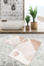 2'li Set Krem - Kahverengi Zeminde Modern Sanat Motifli Boyama Desenli Bohem Sade & Şık  2'li Banyo & Mutfak Paspas Takımı Realhomes