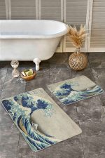 2'li Set Mavi - Gri Zeminde Sanat Eseri Motifli Kanagawa Dalgası Desenli Vintage Sade & Şık  2'li Banyo & Mutfak Paspas Takımı Realhomes