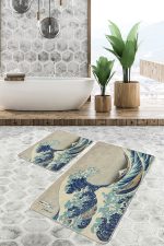 2'li Set Mavi - Gri Zeminde Sanat Eseri Motifli Kanagawa Dalgası Desenli Vintage Sade & Şık  2'li Banyo & Mutfak Paspas Takımı Realhomes