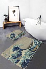 2'li Set Mavi - Gri Zeminde Sanat Eseri Motifli Kanagawa Dalgası Desenli Vintage Sade & Şık  2'li Banyo & Mutfak Paspas Takımı Realhomes