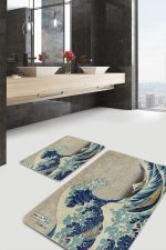2'li Set Mavi - Gri Zeminde Sanat Eseri Motifli Kanagawa Dalgası Desenli Vintage Sade & Şık  2'li Banyo & Mutfak Paspas Takımı Realhomes