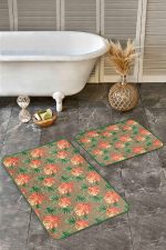 - Realhomes - Realhomes  2'li Set Hasır Zeminde Egzotik Yapraklar Motifli Turuncu ve Yeşil Lotus Desenli Floral Summer & Fresh  2'li Banyo & Mutfak Paspas Takımı Realhomes