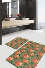 - PaspasTakimi-2li-Set1719-Gorsel - Realhomes  2'li Set Hasır Zeminde Egzotik Yapraklar Motifli Turuncu ve Yeşil Lotus Desenli Floral Summer & Fresh  2'li Banyo & Mutfak Paspas Takımı Realhomes