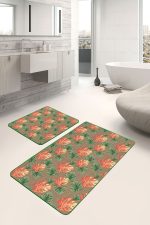 - PaspasTakimi-2li-Set1719-Gorsel-2 - Realhomes  2'li Set Hasır Zeminde Egzotik Yapraklar Motifli Turuncu ve Yeşil Lotus Desenli Floral Summer & Fresh  2'li Banyo & Mutfak Paspas Takımı Realhomes