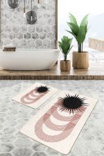 2'li Set Siyah - Kahverengi Zeminde Tablo Motifli Modern Desenli Geometrik Bohem  2'li Banyo & Mutfak Paspas Takımı Realhomes