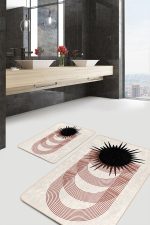 2'li Set Siyah - Kahverengi Zeminde Tablo Motifli Modern Desenli Geometrik Bohem  2'li Banyo & Mutfak Paspas Takımı Realhomes