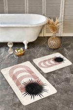 2'li Set Siyah - Kahverengi Zeminde Tablo Motifli Modern Desenli Geometrik Bohem  2'li Banyo & Mutfak Paspas Takımı Realhomes