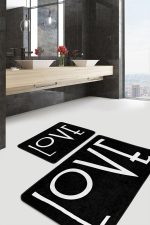 - PaspasTakimi-2li-Set1727-Gorsel-2 - Realhomes 2'li Set Siyah Zeminde Yazı Motifli Love Desenli Sade & Şık Klasik 2'li Banyo & Mutfak Paspas Takımı Realhomes