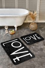 - Realhomes - Realhomes 2'li Set Siyah Zeminde Yazı Motifli Love Desenli Sade & Şık Klasik 2'li Banyo & Mutfak Paspas Takımı Realhomes