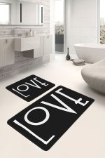 - PaspasTakimi-2li-Set1727-Gorsel-5 - Realhomes 2'li Set Siyah Zeminde Yazı Motifli Love Desenli Sade & Şık Klasik 2'li Banyo & Mutfak Paspas Takımı Realhomes