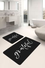 - PaspasTakimi-2li-Set1728-Gorsel-1 - Realhomes  2'li Set Siyah Zeminde Yazı Motifli Grateful Desenli Klasik Sade & Şık  2'li Banyo & Mutfak Paspas Takımı Realhomes