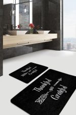 - PaspasTakimi-2li-Set1729-Gorsel-4 - Realhomes  2'li Set Siyah Zeminde Yazı Motifli Thankful Desenli Sade & Şık Klasik  2'li Banyo & Mutfak Paspas Takımı Realhomes