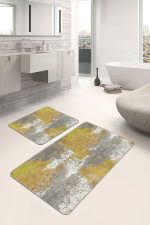 2'li Set Gold - Gri Zeminde Eskitme Motifli Duvar Desenli Eskitme Motifli Klasik  2'li Banyo & Mutfak Paspas Takımı Realhomes