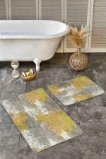 2'li Set Gold - Gri Zeminde Eskitme Motifli Duvar Desenli Eskitme Motifli Klasik  2'li Banyo & Mutfak Paspas Takımı Realhomes