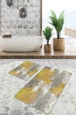 2'li Set Gold - Gri Zeminde Eskitme Motifli Duvar Desenli Eskitme Motifli Klasik  2'li Banyo & Mutfak Paspas Takımı Realhomes