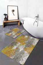 2'li Set Gold - Gri Zeminde Eskitme Motifli Duvar Desenli Eskitme Motifli Klasik  2'li Banyo & Mutfak Paspas Takımı Realhomes