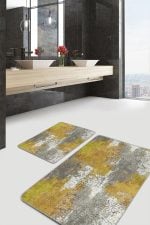 2'li Set Gold - Gri Zeminde Eskitme Motifli Duvar Desenli Eskitme Motifli Klasik  2'li Banyo & Mutfak Paspas Takımı Realhomes