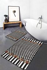 - PaspasTakimi-2li-Set1731-Gorsel - Realhomes  2'li Set Siyah Zeminde Damalı Motifli Çiçek Desenli Geometrik Floral  2'li Banyo & Mutfak Paspas Takımı Realhomes