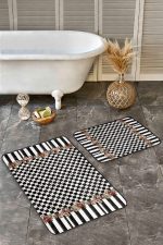 - Realhomes - Realhomes  2'li Set Siyah Zeminde Damalı Motifli Çiçek Desenli Geometrik Floral  2'li Banyo & Mutfak Paspas Takımı Realhomes