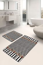 - PaspasTakimi-2li-Set1731-Gorsel-4 - Realhomes  2'li Set Siyah Zeminde Damalı Motifli Çiçek Desenli Geometrik Floral  2'li Banyo & Mutfak Paspas Takımı Realhomes