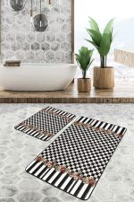 - PaspasTakimi-2li-Set1731-Gorsel-5 - Realhomes  2'li Set Siyah Zeminde Damalı Motifli Çiçek Desenli Geometrik Floral  2'li Banyo & Mutfak Paspas Takımı Realhomes