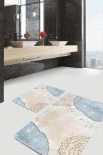 - PaspasTakimi-2li-Set1732-Gorsel-2 - Realhomes  2'li Set Gold - Mavi Zeminde Kanvas Motifli Altın Desenli Bohem Sade & Şık  2'li Banyo & Mutfak Paspas Takımı Realhomes