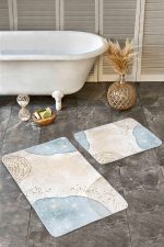 - Realhomes - Realhomes  2'li Set Gold - Mavi Zeminde Kanvas Motifli Altın Desenli Bohem Sade & Şık  2'li Banyo & Mutfak Paspas Takımı Realhomes