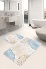 - PaspasTakimi-2li-Set1732-Gorsel-5 - Realhomes  2'li Set Gold - Mavi Zeminde Kanvas Motifli Altın Desenli Bohem Sade & Şık  2'li Banyo & Mutfak Paspas Takımı Realhomes