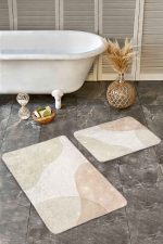 - Realhomes - Realhomes  2'li Set Gold – Krem Zeminde Kanvas Motifli Boyama Desenli Bohem Klasik  2'li Banyo & Mutfak Paspas Takımı Realhomes