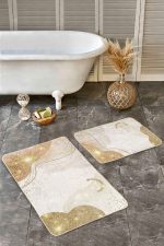 - Realhomes - Realhomes  2'li Set Gold - Krem Zeminde Kanvas Motifli Modern Sanat Desenli Bohem Modern  2'li Banyo & Mutfak Paspas Takımı Realhomes