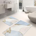2'li Set Mavi Zeminde Dokuma Halı Motifli Eskitme Desenli Eskitme Motifli Sade & Şık  2'li Banyo & Mutfak Paspas Takımı Realhomes