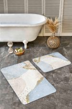 - Realhomes - Realhomes  2'li Set Gold - Mavi Zeminde Tablo Motifli Boyama Desenli Bohem Sade & Şık  2'li Banyo & Mutfak Paspas Takımı Realhomes